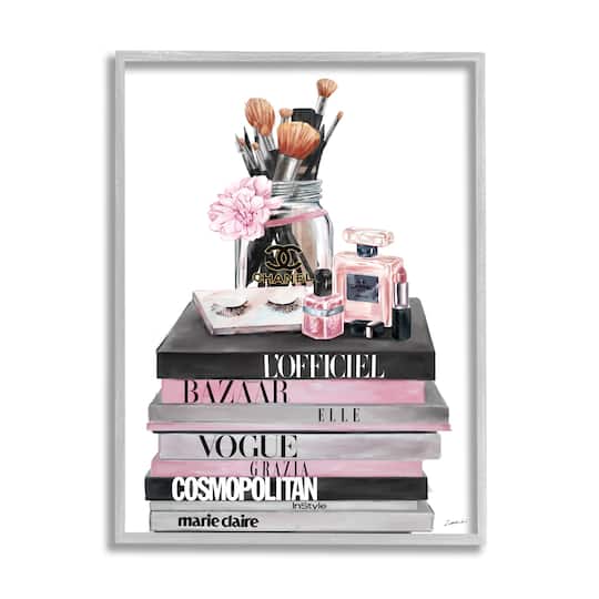 Stupell Industries Fashion Accessories Glam Magazine Book Stack Wall Art in Gray Frame